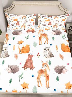 卡通物狐品狸猫头鹰刺AJCL0006猬小卧鹿图案床笠四动件套室宿舍床