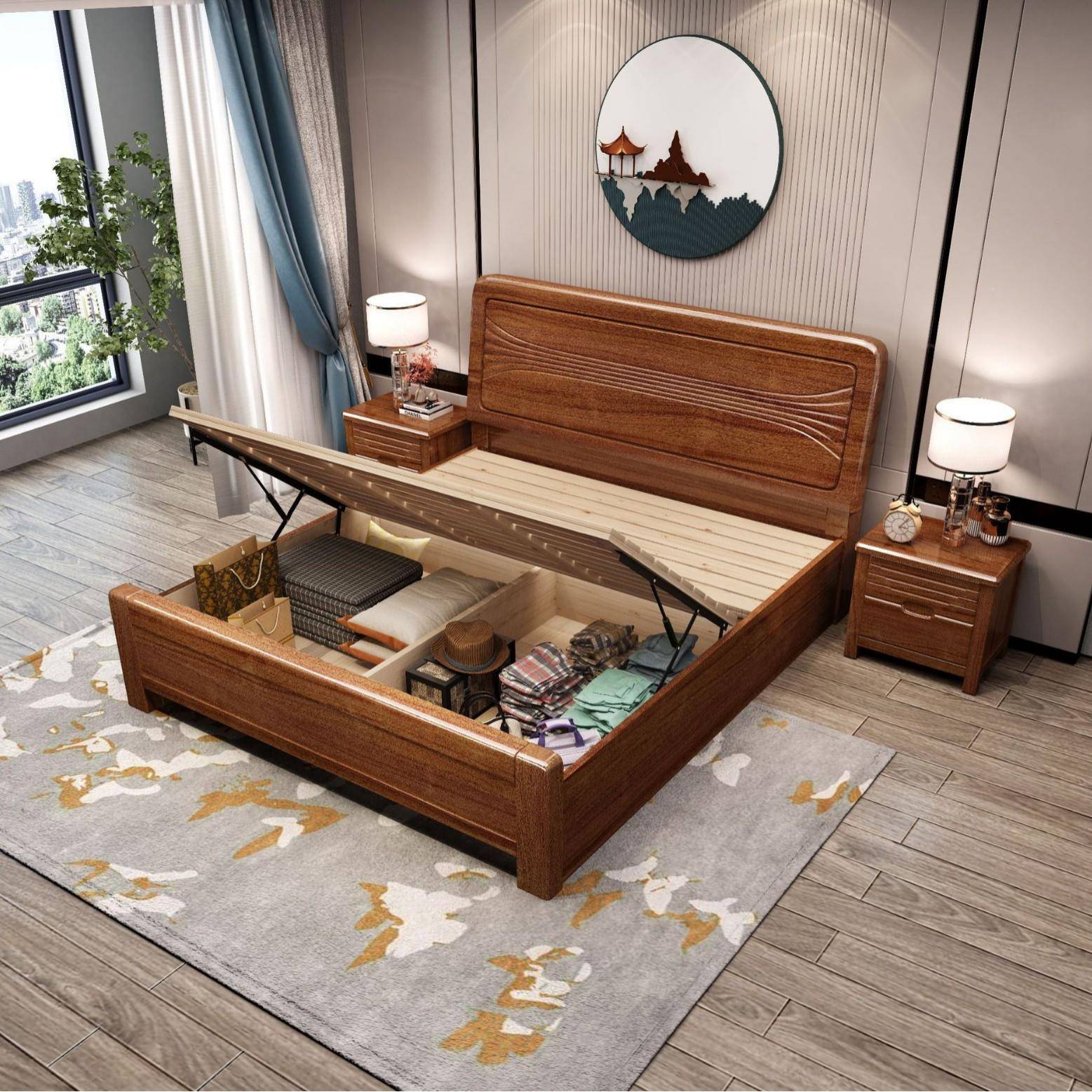 实新中式木床胡桃木1.床8米双H113人床1.家5m单人床主卧具储物婚