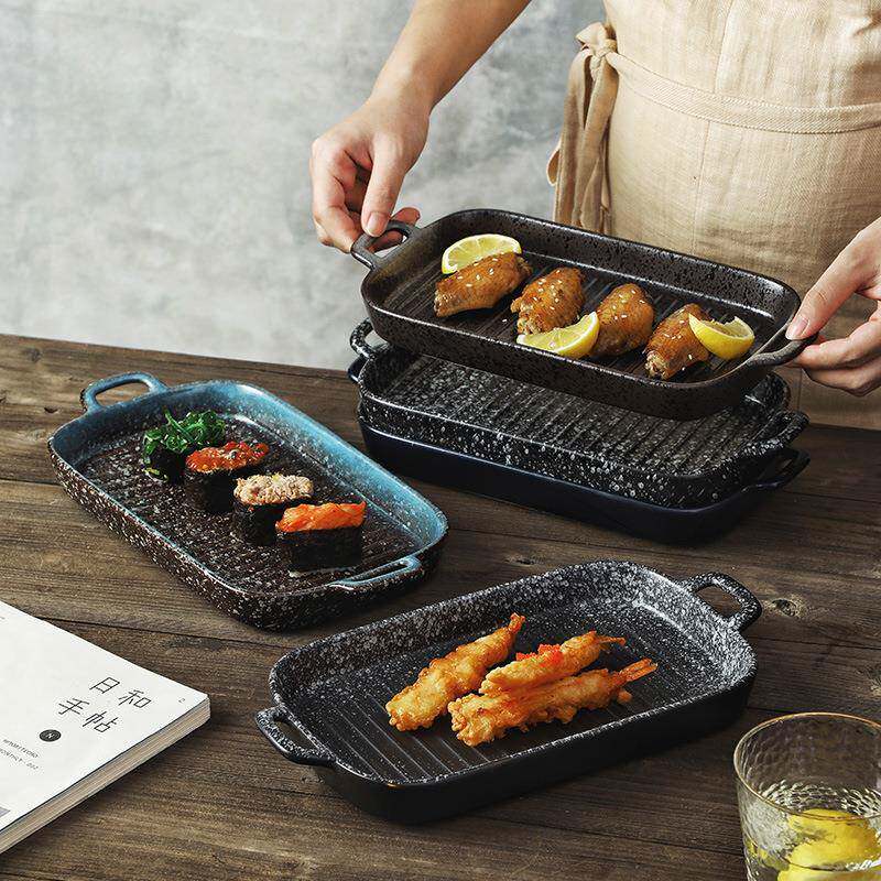 式烤盘陶日瓷双耳家用长方形芝士焗饭风盘烤GRX箱波炉烘焙烤微碗