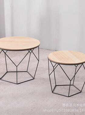 何简约小MKI茶几办公室几创茶桌铁艺木客意厅装饰小圆质桌子