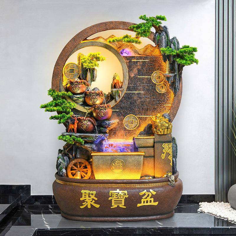 中式日进斗金水幕墙屏风聚ZCZ高山装流水泉景观落地摆件鱼喷缸宝