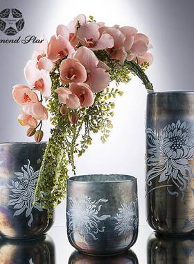 件钻石星镀DLE喷砂玻璃花瓶创意直筒花花器家居装饰品摆批插发电