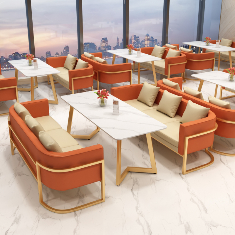 咖啡厅奶茶店餐吧休闲休息区洽谈商E用皮革茶餐厅卡座沙发桌椅组