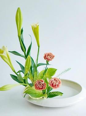 小原花四脚水禅盘意白色中式流插花AII器皿日式花道花盘创器意花