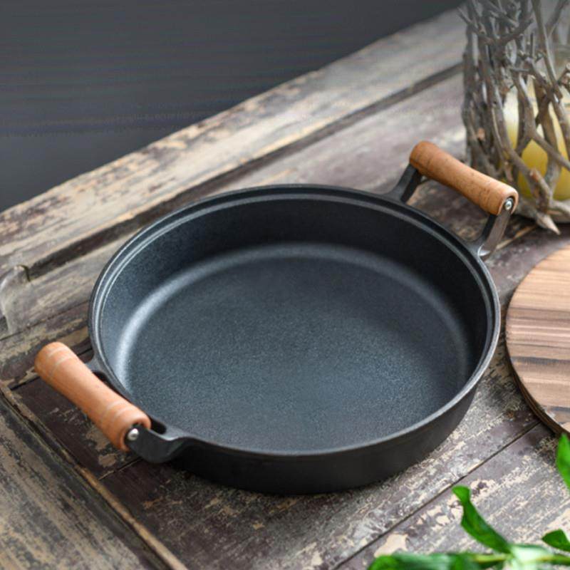 木柄双耳水铸大铁匠铁底锅煎锅无涂层不粘烙饼锅煎包平锅生铁电磁