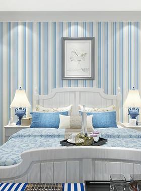 蓝色壁纸地中海风格无纺客男厅卧室蓝白竖条纹儿童布房孩景背1091