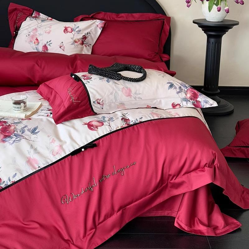 高端结婚新婚全棉长红绒棉件套浪漫色石榴花印.染四被套1YLS-2024