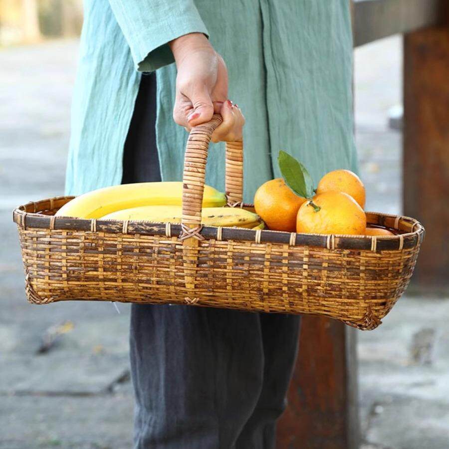 竹编提篮古风大漆茶点篮古篮手提竹篮子便复野餐篮水果篮收纳XRV