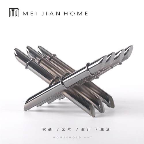 现代轻奢竹节不锈钢金属x书架创意书房装饰品摆件银色电镀样板间