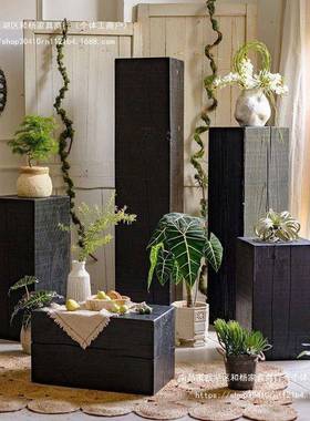 方形落地HCR玄其凳家用花架矮摆件关墩子民宿碳化树桩黑色原木实