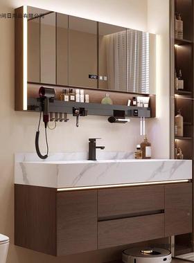 新风中式中KHT古胡桃实木浴室柜组洗合木岩板热弯一体盆手脸台盆