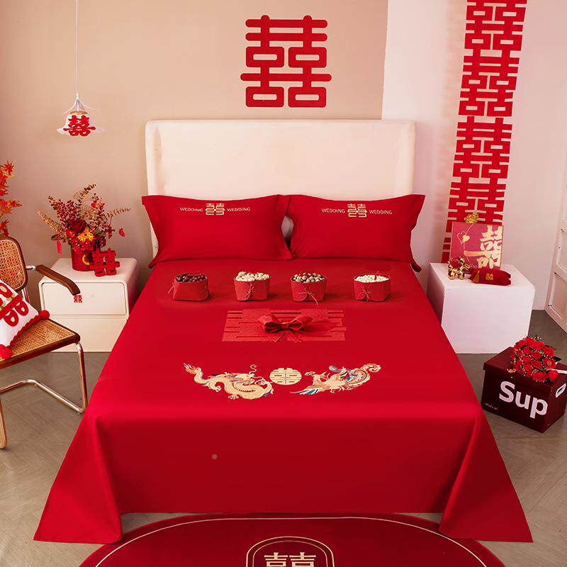 结床单单件女出嫁婚庆ZM被单方大红色龙凤刺绣床笠娘酒新店接亲婚