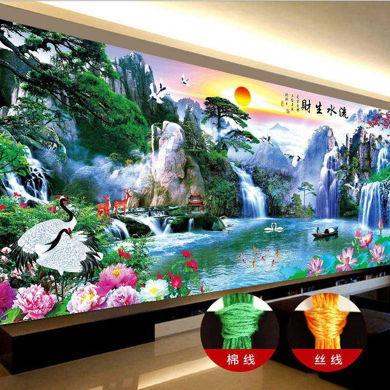 nMsAVcAI线绣满手工厅十字绣2025新款客荷花风景水山画流水生财迎