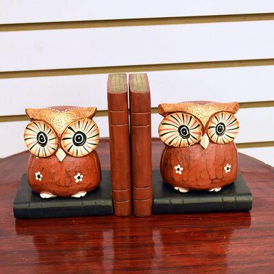 东南亚木雕工艺品鹰书柜创意FDH实书木夹彩书档绘猫头书靠书夹摆