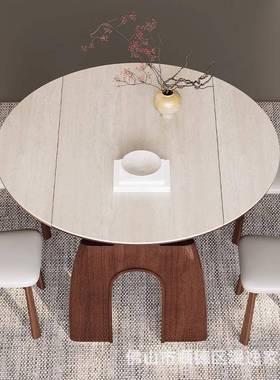 中0古风实木洞石岩板可伸缩桌22餐5年款新家用DNT复古风方圆两用