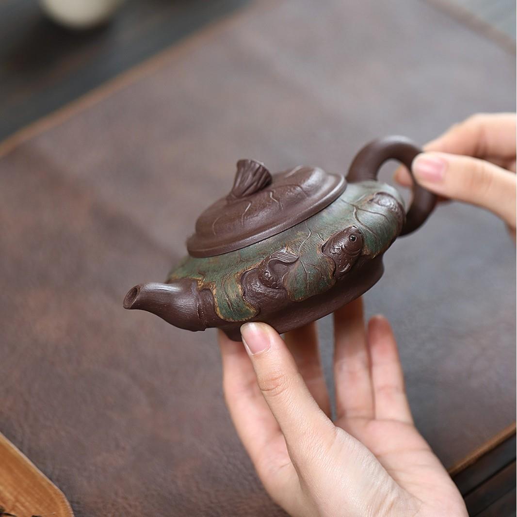 宜兴紫砂原矿壶老紫手工制作鱼莲蓬高档945茶泥壶茶具厂家趣直销