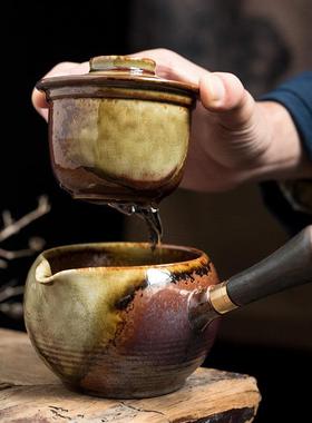 柴烧流釉侧带壶墨复古窑把46007变陶瓷水风茶具实木侧把泡茶过滤