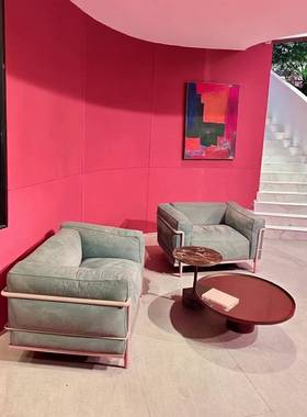 工旧业风不锈钢框架发单客42368人沙做纹理布艺休闲椅复古厅洽谈