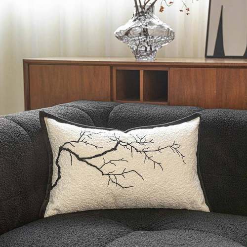 新中式板古风刺绣白抱枕沙发侘寂枯枝枕茶室靠YAX枕腰样黑房软装
