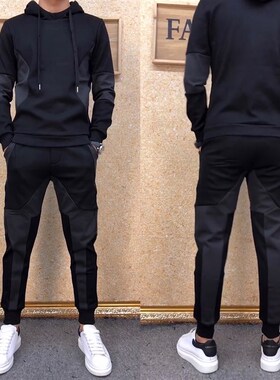秋冬男士新款撞色卫衣长裤套装弹力舒适拼接透气针织两件套帅T016