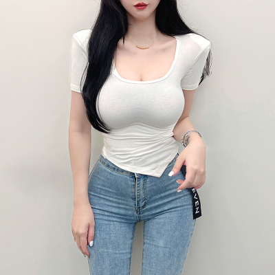 果绿色正肩U领短袖t恤女2024新款夏季设计感短款方领上衣女士紧身