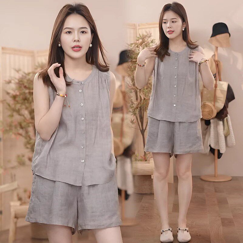 亚麻女高端棉麻短裤套装大码20时尚套装