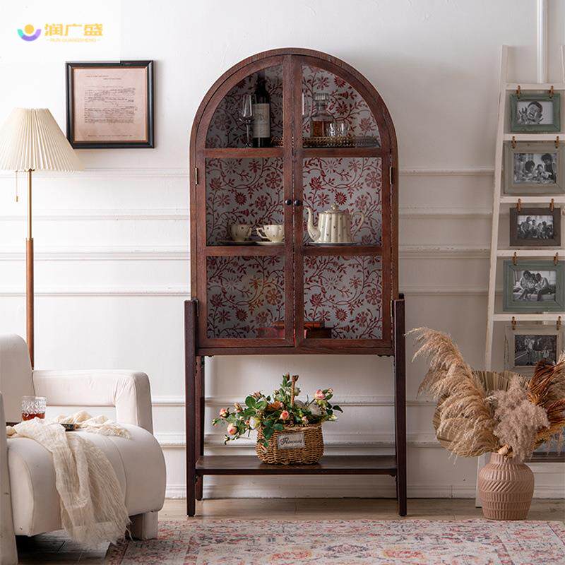 润广盛美式复古柜子拱形酒柜实木红酒柜书房靠墙书柜客厅收纳柜子
