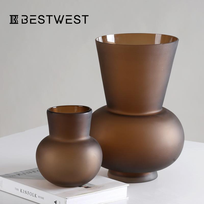 博西家居琥珀色水培磨砂玻璃大花瓶家居软装玄关装饰品花器摆件