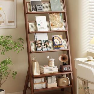 中古杂志架落地儿童报刊架实木藤编杂志收纳架家用复古书籍展示架