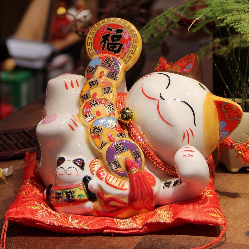 福缘猫9寸陶招财躺猫瓷摆件钱开35820、3乔迁家居装饰招財招运财