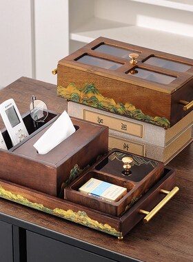 新中式实木盘子摆件客厅电视柜酒柜装饰品家居博古架玄关乔迁礼物