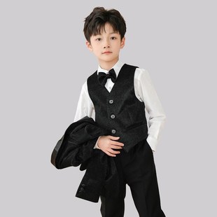 花童男童主持人礼服亮闪闪儿童小西装套装黑色婚礼男孩钢琴演出服