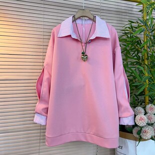 2024冬季新款大码女装胖MM百搭拼色假两件polo领中长款长袖上衣