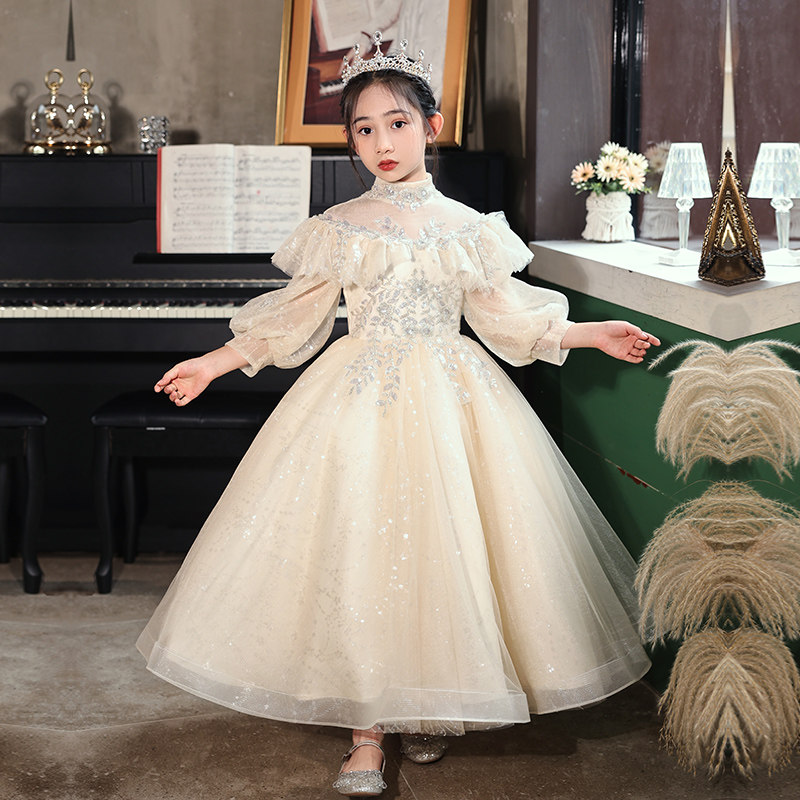 女童高端礼服轻奢公主裙香槟色生日长袖小花童婚礼儿童钢琴演出服