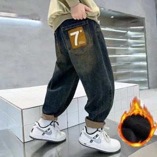 男童牛仔裤2024新款男童一体绒加绒保暖裤子学生棉裤厚绒弹力牛仔