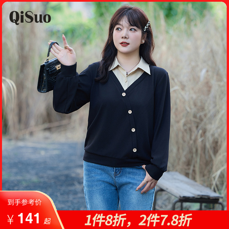 初秋装新款套头黑色显瘦胖MM假两件大码t恤卫衣女polo领长袖上衣