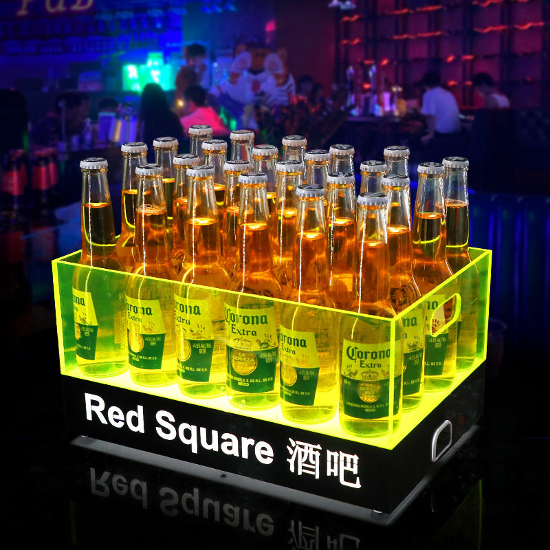 酒吧发光啤酒框荧光绿亚克力透明冰桶led香槟方形24支装酒桶酒托