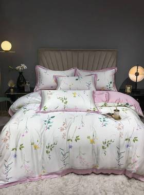 6.0s支双面丝印花33813上四件套美式夏季冰8丝裸睡床单被套1床m床