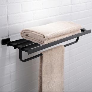 沐全黑色库毛巾架铜毛巾杆双层巾RPI架卫生间五金挂件套浴装 防滑