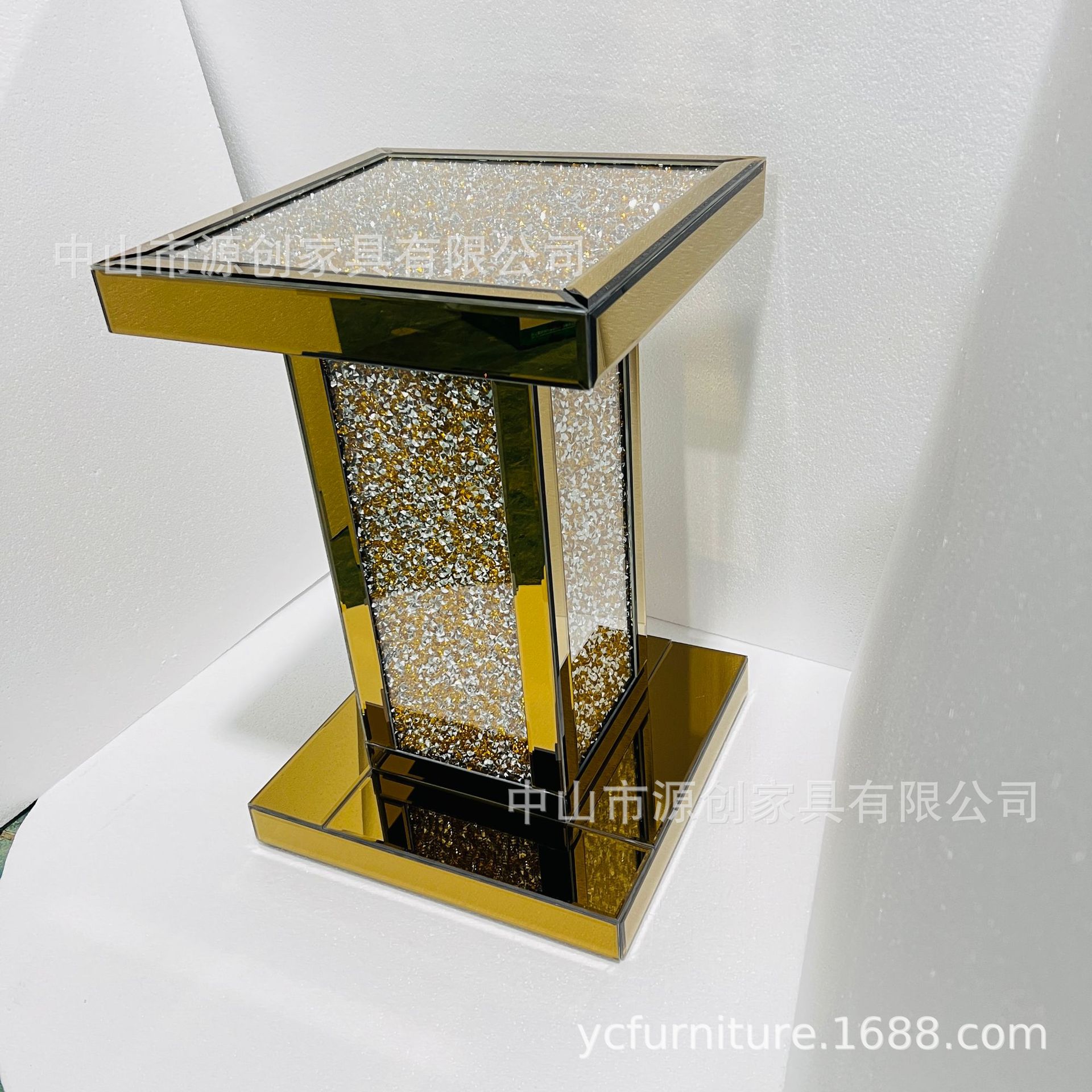 金色复古金镜面角几边柜水钻方形桌边桌客厅卧室家居新款镜面家具