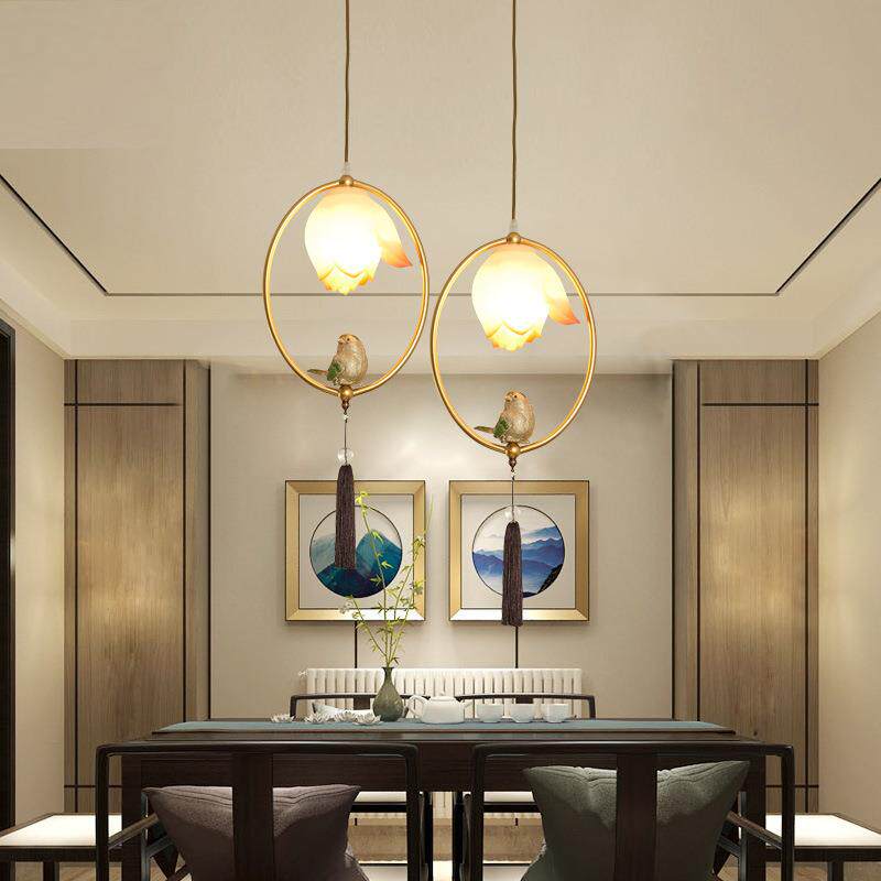 新中式小创意床小吊鸟灯单单头过道灯走廊阳台吊中国RBE头风荷花