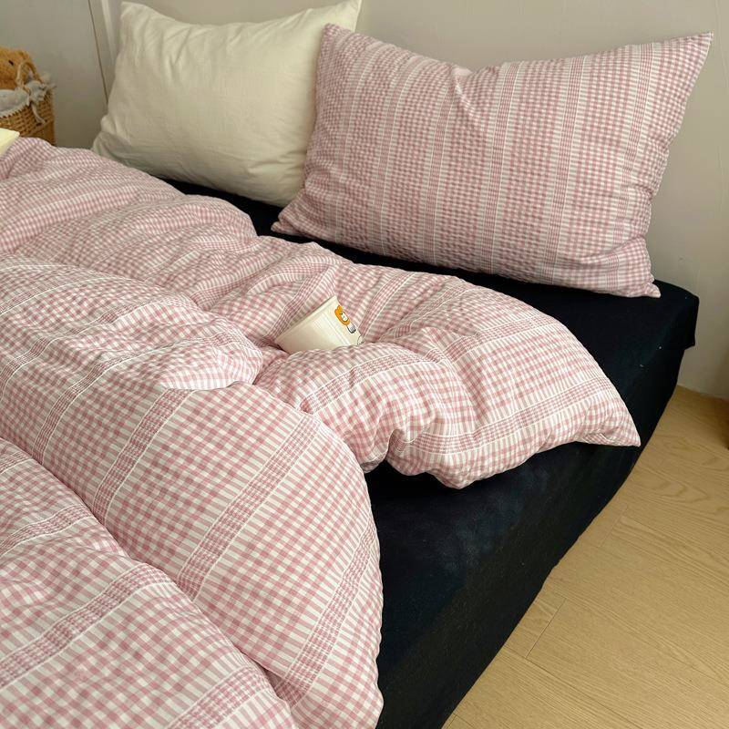 202件5款色新织提花复古格子四床套学生单人床三件套单床773笠款