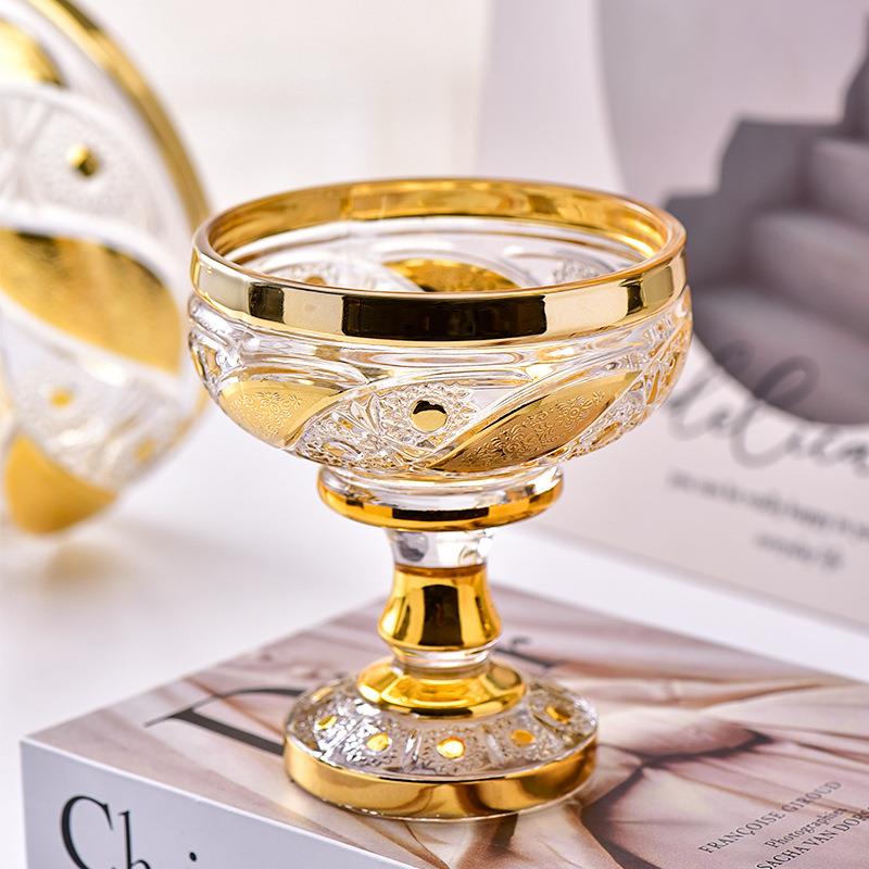 欧式创770复古高奢华端玻璃果盘家用意果器具金色电镀盘玻璃果盘