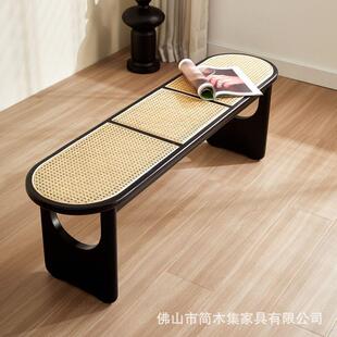 北欧实藤编换鞋凳长条凳木式原风木餐桌椅家用门口无品牌/复古日
