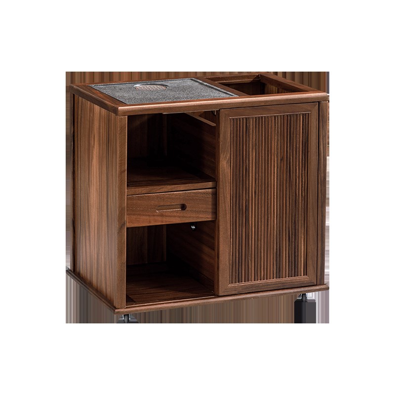 新中式胡桃木移动茶台家用实木茶水柜阳台带轮茶车烧水壶一体茶桌