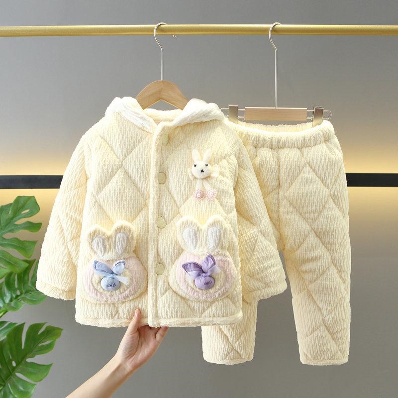 女童法兰绒睡衣冬季三层加厚夹棉珊瑚绒儿童中大童兔子家居服带帽