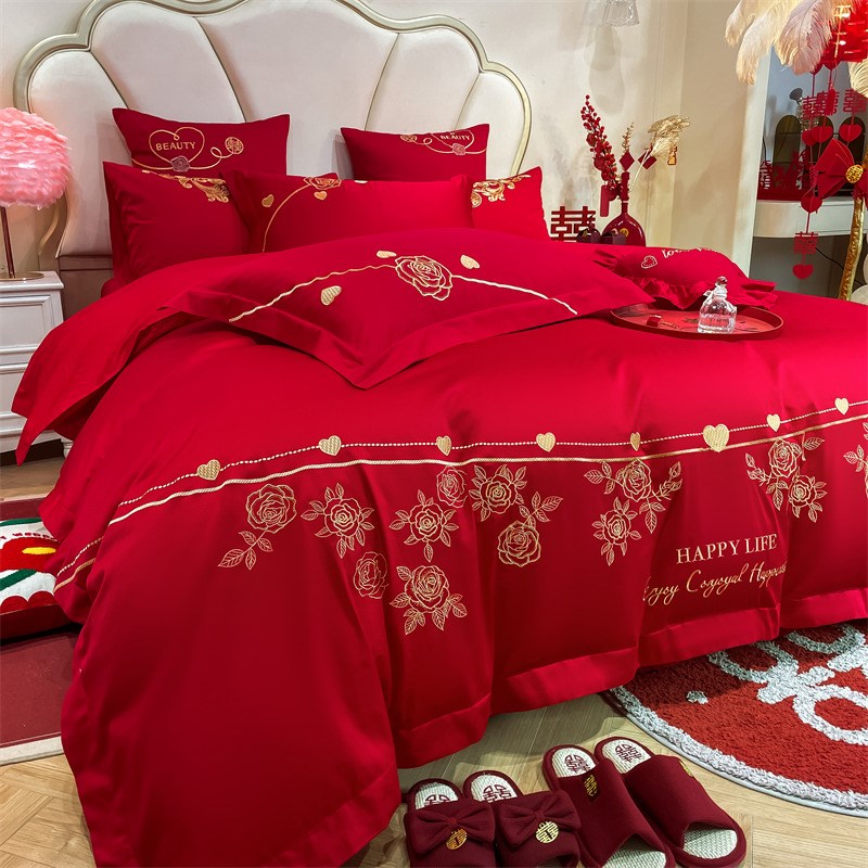 高档简约中式结婚四件套大红色床单被套纯棉婚庆床上用品婚房喜被