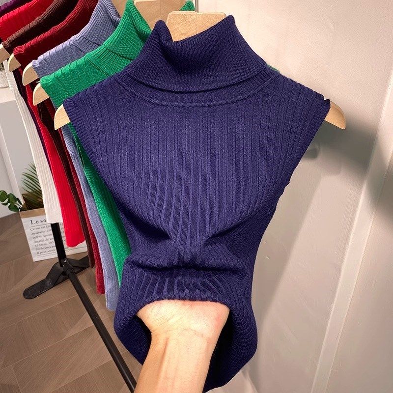 2024秋冬新款翻领针织高领马甲背心女无袖套头毛衣修身薄款打底衫