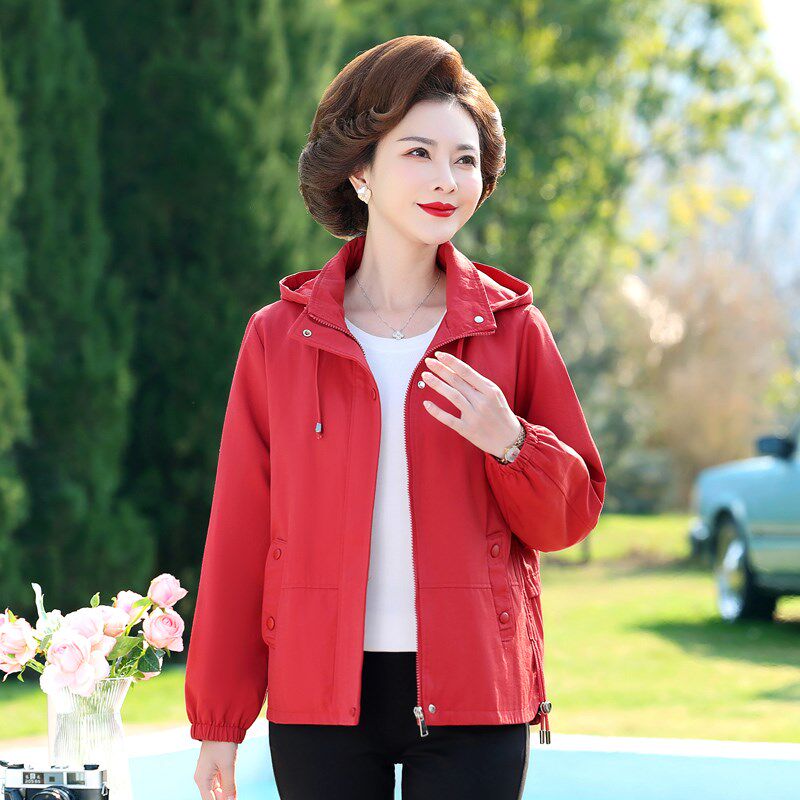 妈妈春秋外套洋气风衣2025新款中老年女装春装大码薄款连帽上衣棉