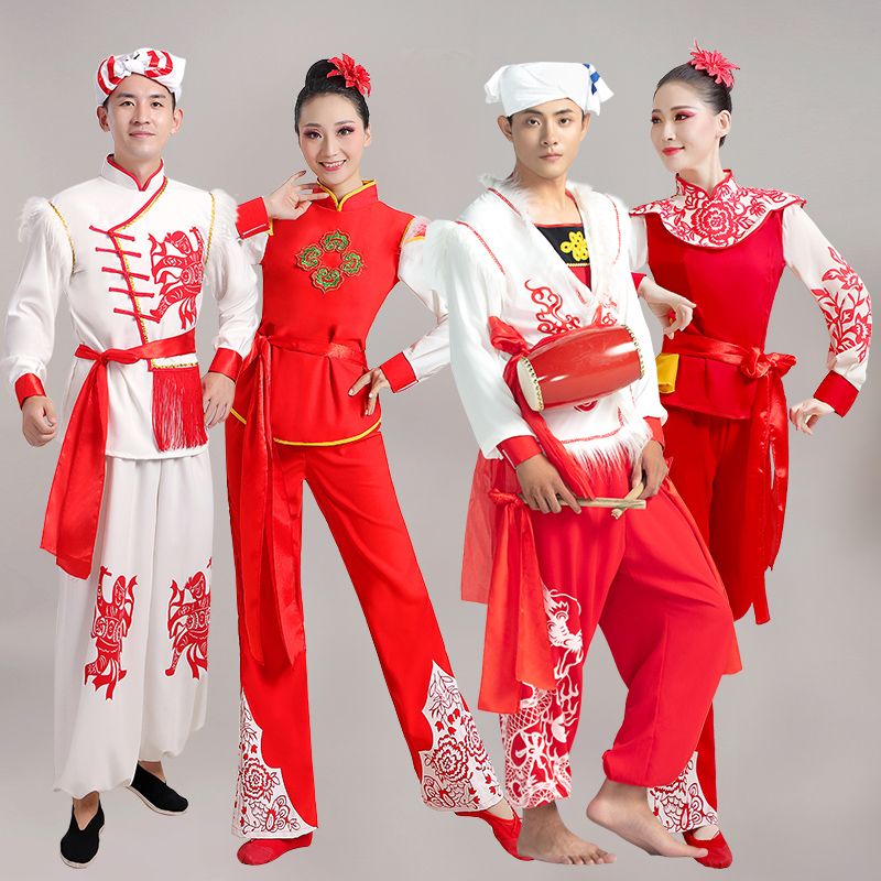 新款安塞腰鼓秧歌演出服陕北民族团体女扇子舞蹈服横山打鼓表演服